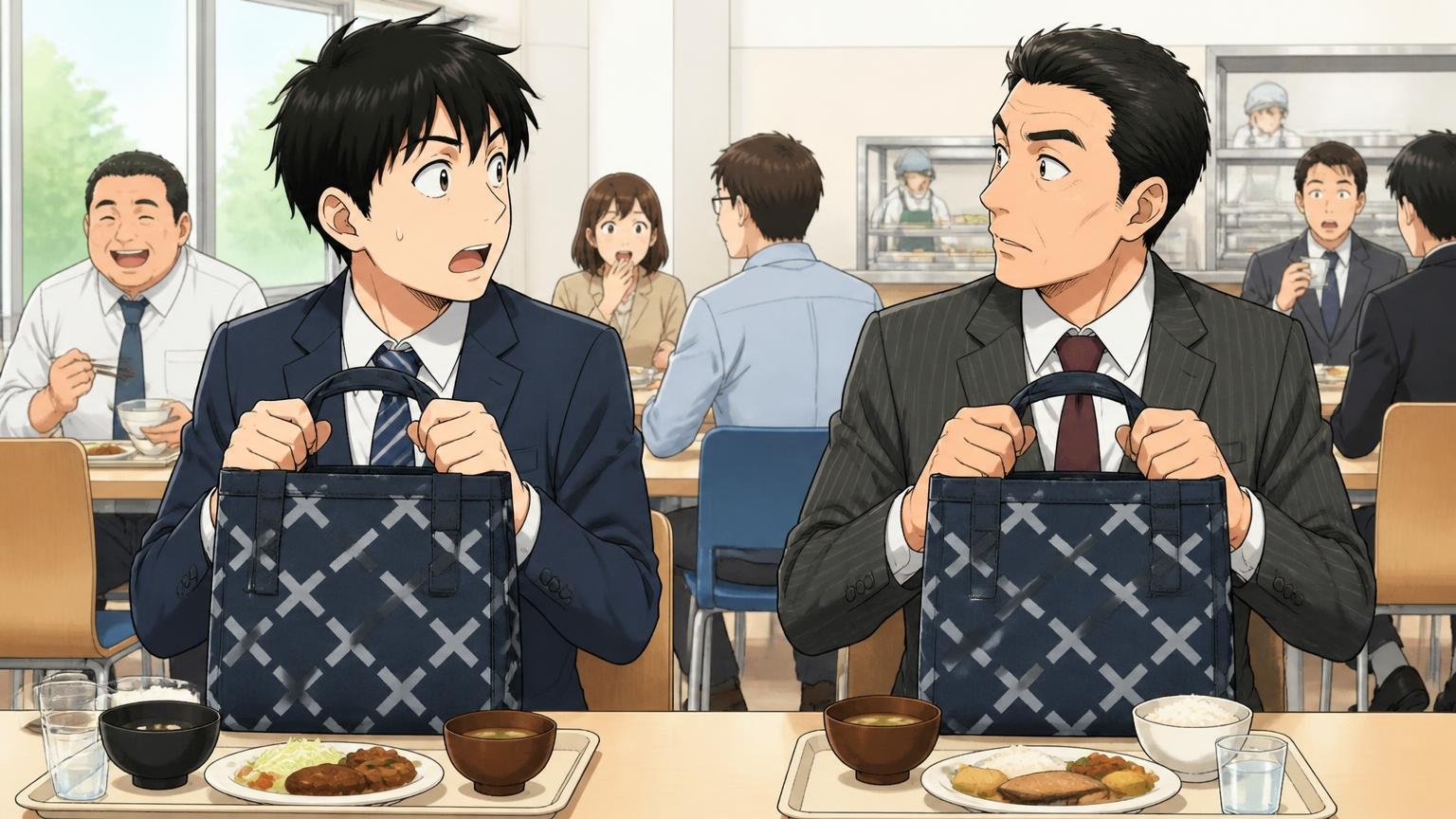 持っている人が多く、同世代とも学生とも被りやすい 社員食堂のテーブルで同じバッテン柄のバッグを持つ上司と若手社員が顔を見合わせる男性2人