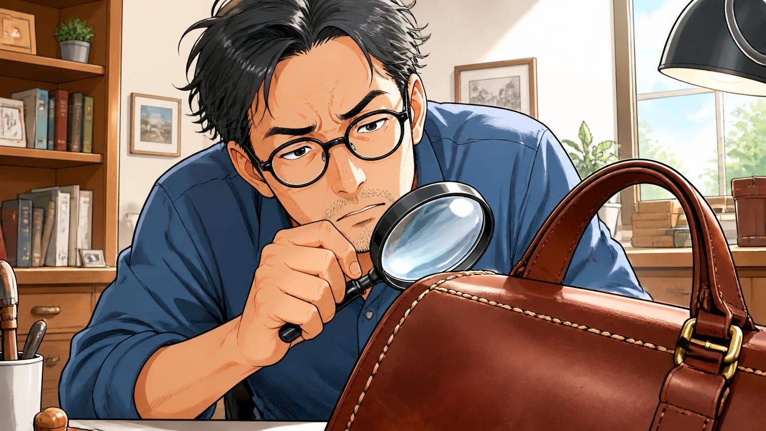 「ヘルツの縫製がガタガタ」の正体は、手仕事の揺らぎ 明るい書斎で革バッグの縫い目を虫眼鏡で見る場面、40代男性1人が首をかしげる
