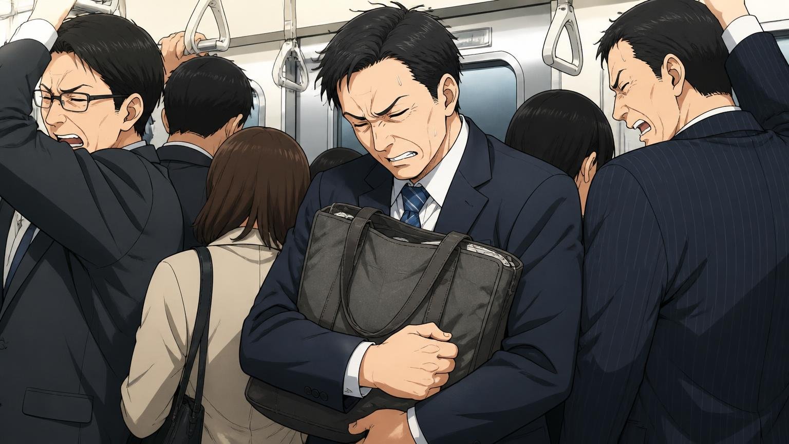 向いていない人|スーツ中心で「軽さ」と「端正さ」を最優先したい40代、満員電車でスーツの40代男性1人が重いトートを抱え顔をしかめる場面