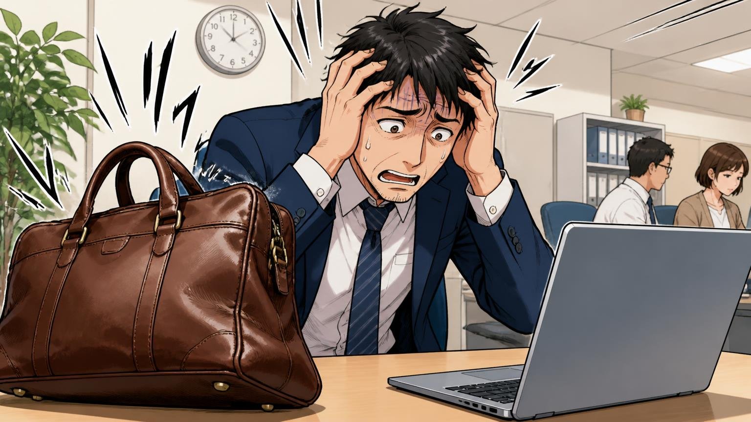 向いていない人:軽さ・PC収納・予算を優先したい人 オフィスのデスク脇で重い革鞄とノートPCを前に頭を抱える40代男性の場面