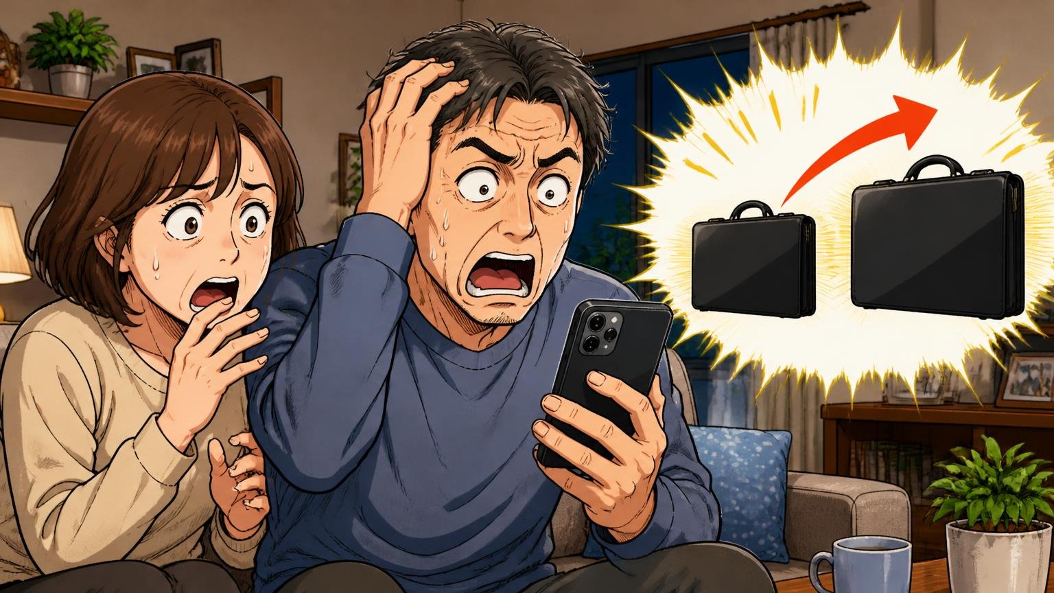 「高い」｜同じブリーフケースが17年で約2倍の価格に。夜のリビングでスマホの価格表示を見て固まる40代男性と妻の2人の場面