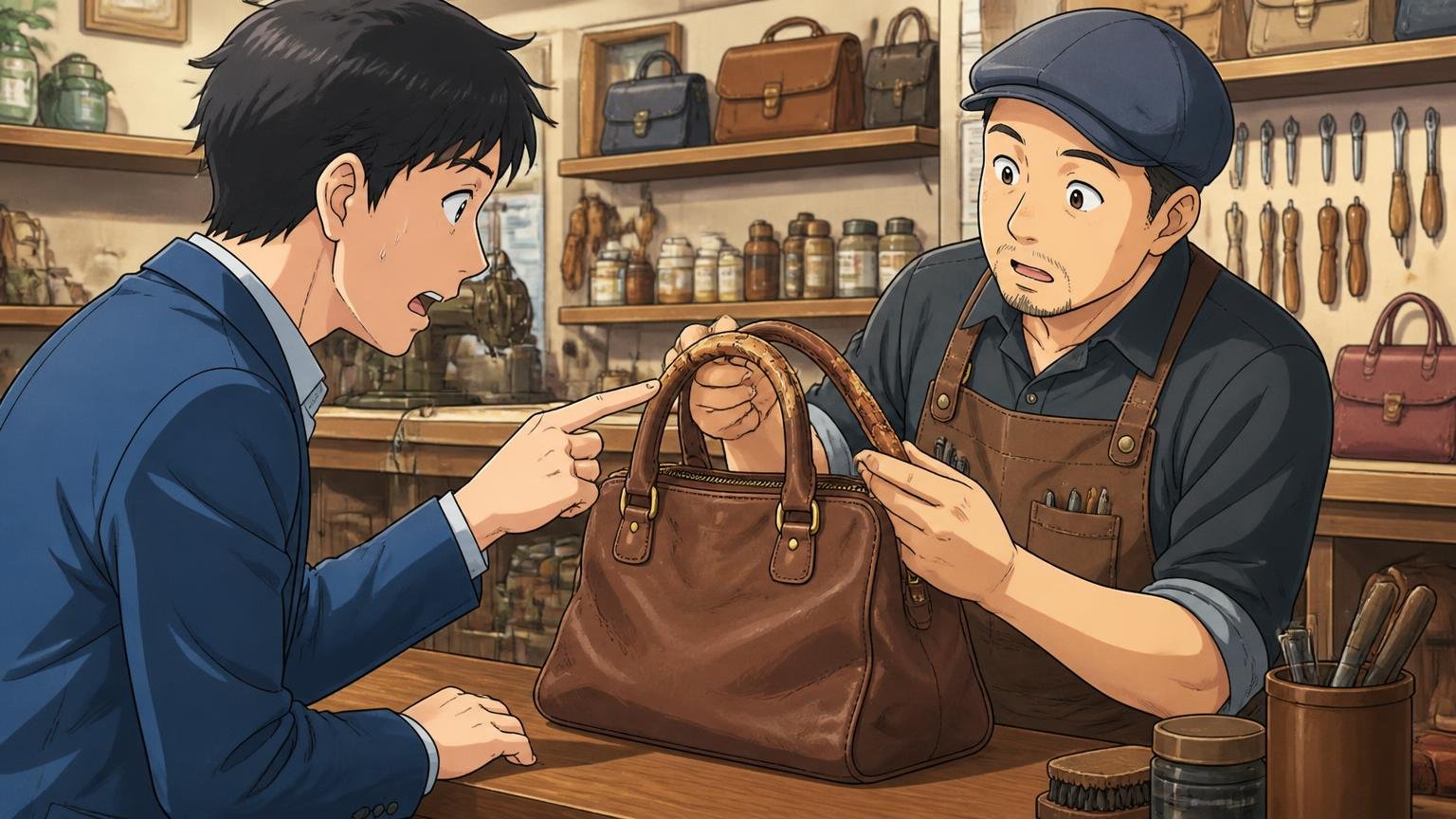 修理は約2,000件の実績。ただし保証の窓口は「どこで買ったか」で変わる、革製品の修理工房のカウンターで持ち手の傷みを相談する男性1人と職人1人の場面