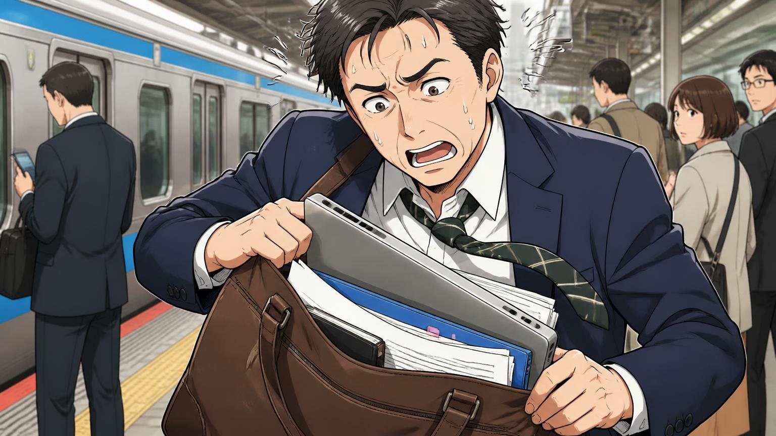 向いていない人:荷物が多い人・柔らかい革を育てたい人・実物を見て決めたい人 通勤電車のホームで書類とノートパソコンがはみ出たバッグに焦る40代男性1人