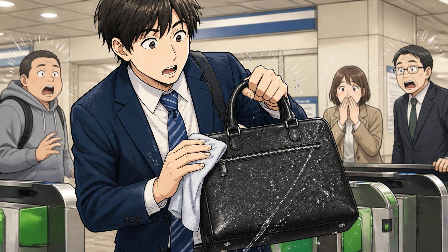 PC収納・撥水・セットアップベルトなど、使う人を考えた機能性の声　雨の日の駅の改札前で男性が濡れた革バッグを拭き、水滴をはじく様子に驚く場面