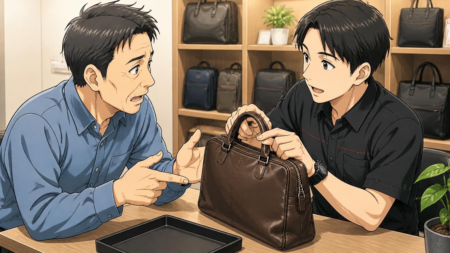 保証は購入後12カ月、修理はBRIEFING直営店でも受け付けている 直営店のカウンターで、革バッグの修理受付を店員と相談する40代男性と店員の2人