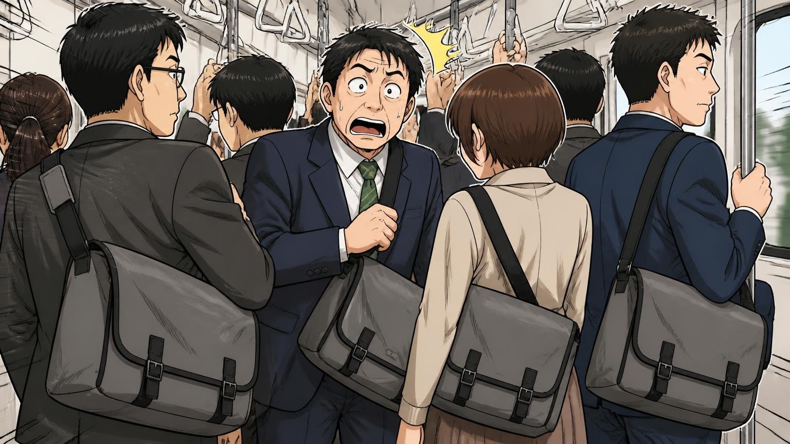 人気イコール自分にも正解と思い込み通勤電車でかぶりに気づく。混んだ朝の電車で同じバッグを持つ乗客3人に囲まれ、目を丸くする40代男性