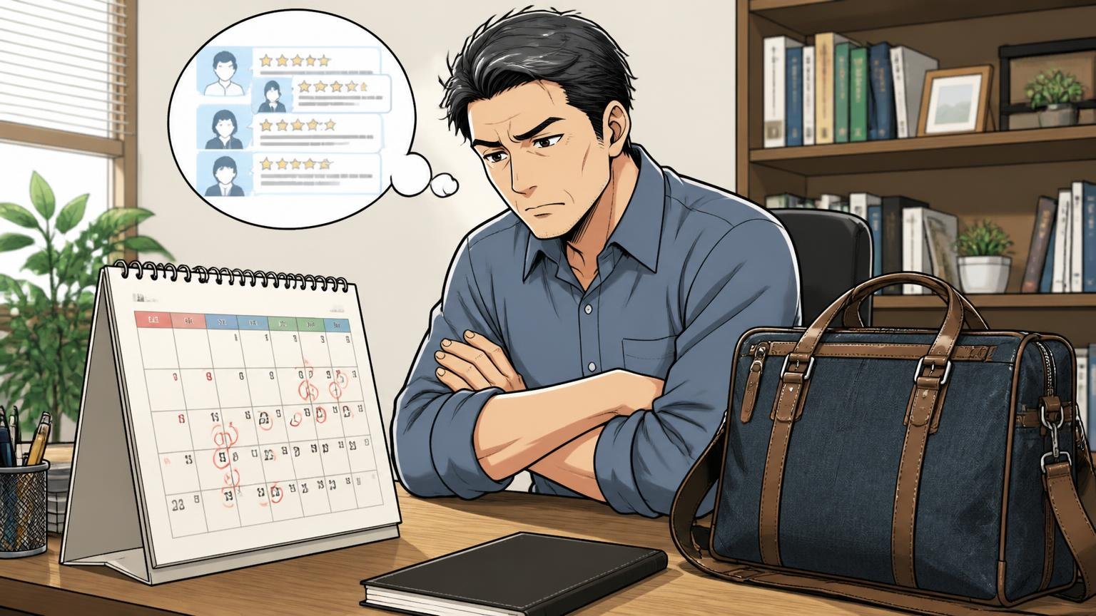 購入直後の声が多く、長期使用の口コミは少ない 自宅の書斎でカレンダーとバッグを見比べる場面 40代男性1人が腕を組んで考え込む