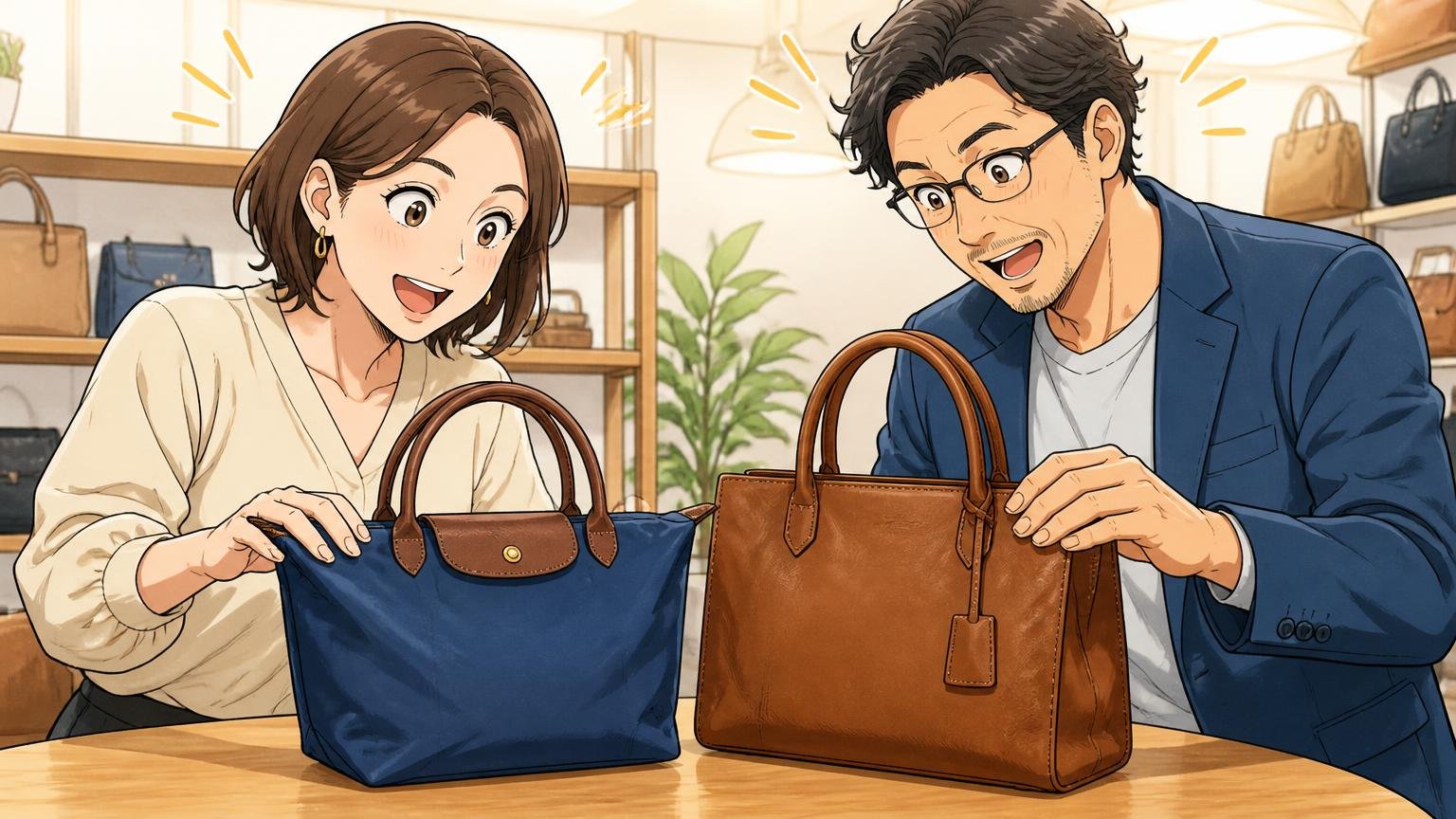 物差し②ナイロンの声か革の声か 明るい店内のテーブルでナイロンのバッグと革のバッグを並べて触り比べる場面 30代女性と40代男性の2人が感心してうなずく