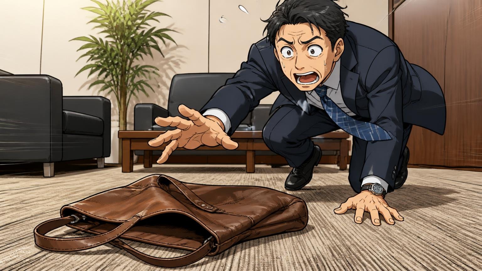 「形崩れ・自立しない」は柔らかいオイルレザーの裏返し 取引先の応接室の床でくたっと倒れた革のトートに慌てて手を伸ばす40代男性1人の場面