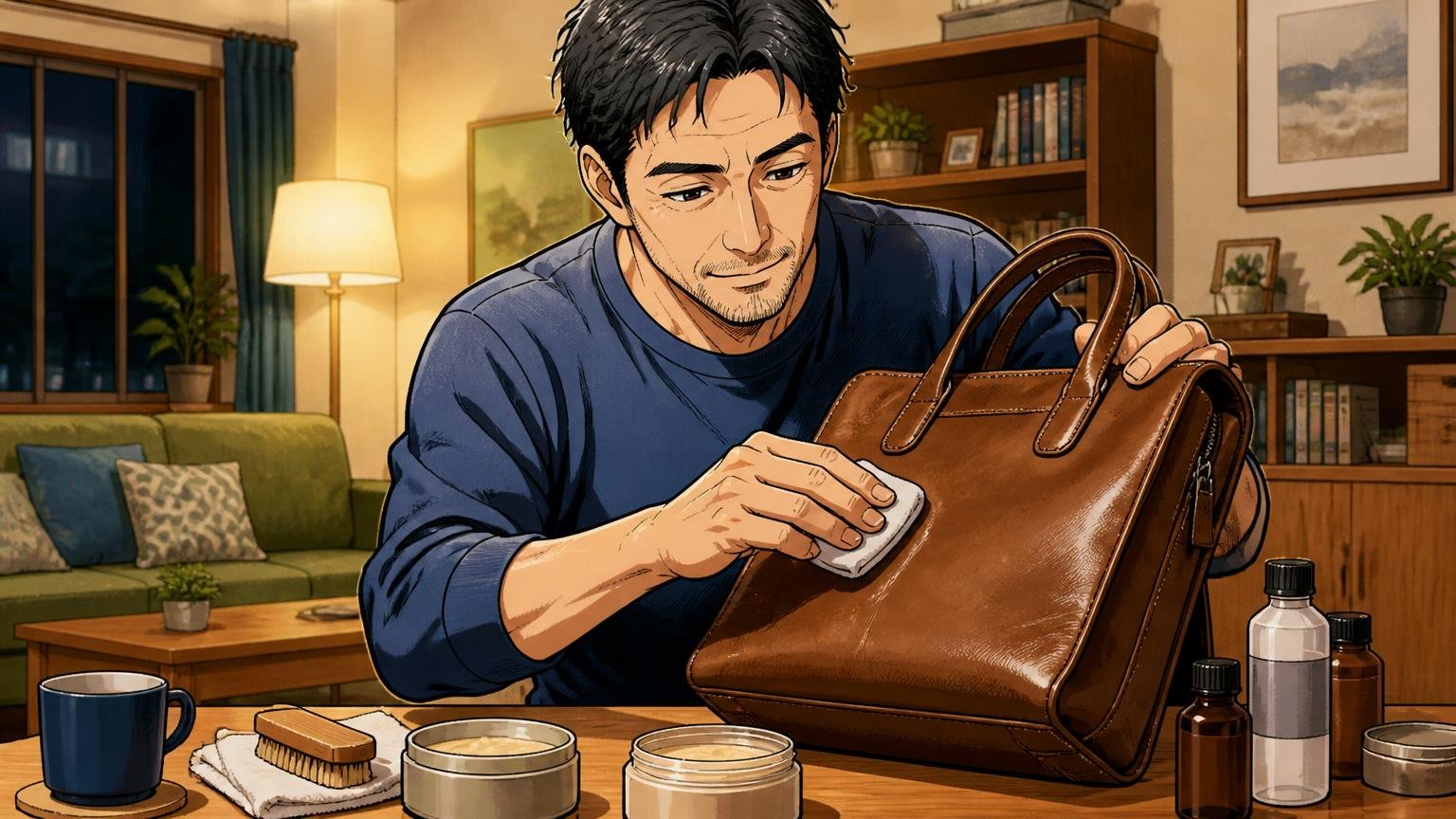 手入れ|公式の目安は「最初の1年は月1回」、夜のリビングで革のバッグにクリームを塗って手入れする40代男性1人の穏やかな表情の場面
