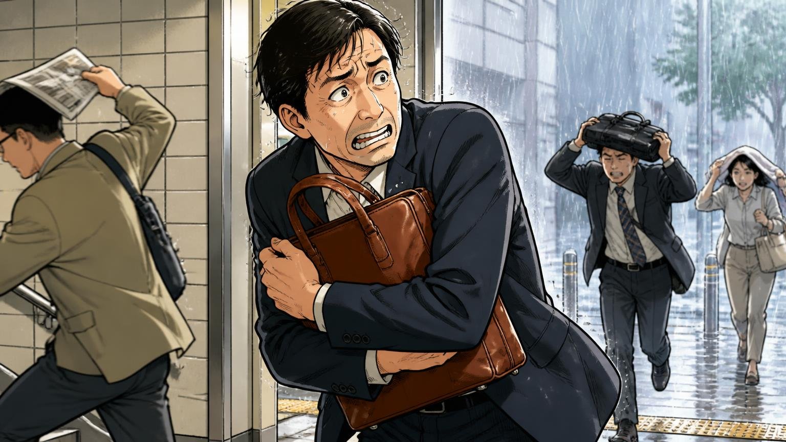 雨・シミ・擦れに気を使う|雨の日の駅の出口で革のバッグを胸に抱え、40代男性が慌てて雨を避ける場面
