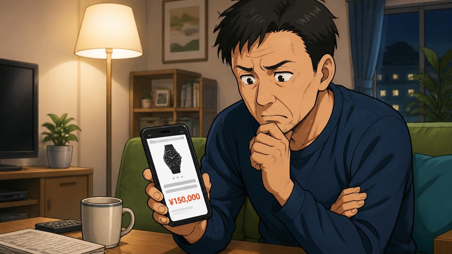 「15万円は正直割高」という価格への声 夜のリビングでスマホの商品ページの値段を見つめる40代男性1人が腕を組んで悩む場面