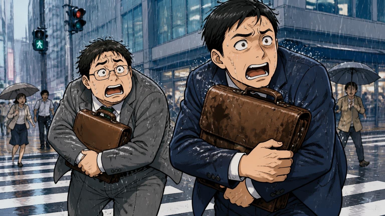 雨や水に弱くシミや水ぶくれになることがある。雨の交差点で革のブリーフケースを胸に抱えて慌てる男性2人