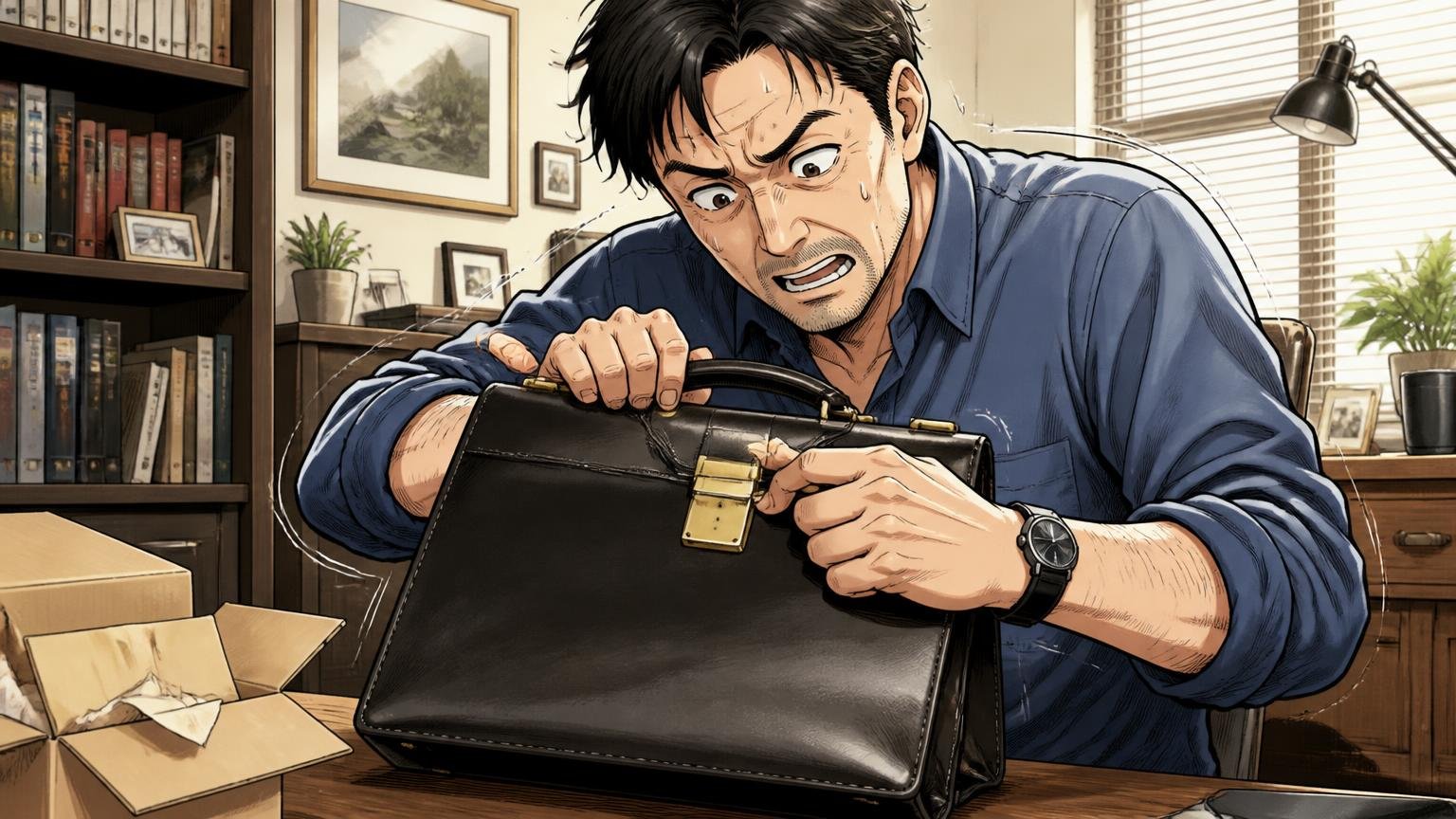 新品は硬く、金具の開け閉めにも慣れが必要 自宅の書斎で届いたばかりのダレスバッグの金具を開ける場面 40代男性1人が力を込めて困惑する