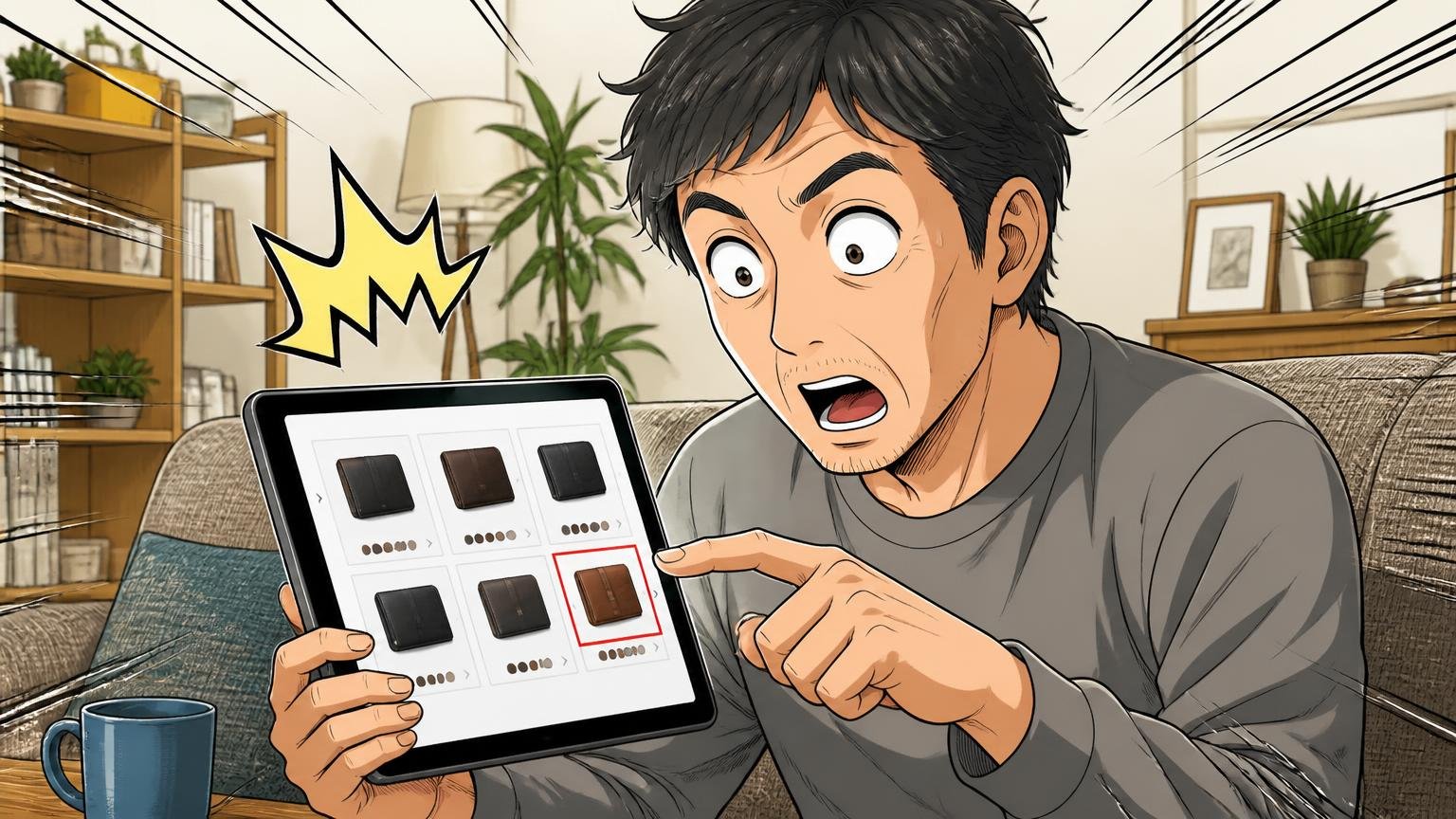 価格帯は1万円台前半〜2万円台前半｜公式ストア9型のうち本革は1型　自宅のソファでタブレットの商品一覧を見比べる40代男性1人が素材表記に目を見開く場面