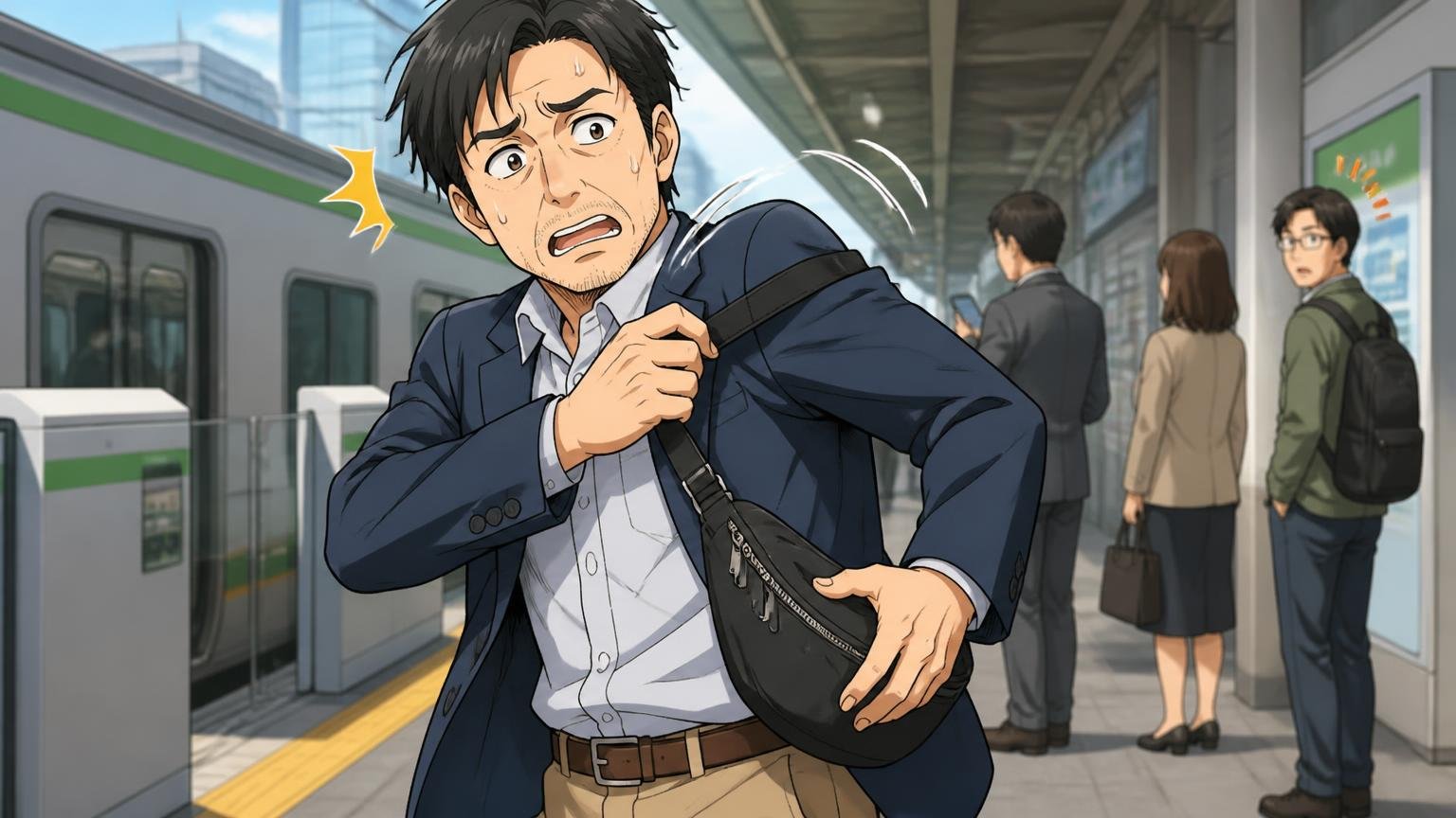 ストラップが安っぽい・荷物が少ないとずり落ちる 駅のホームで肩からずり落ちたボディバッグのストラップを慌てて直す40代男性