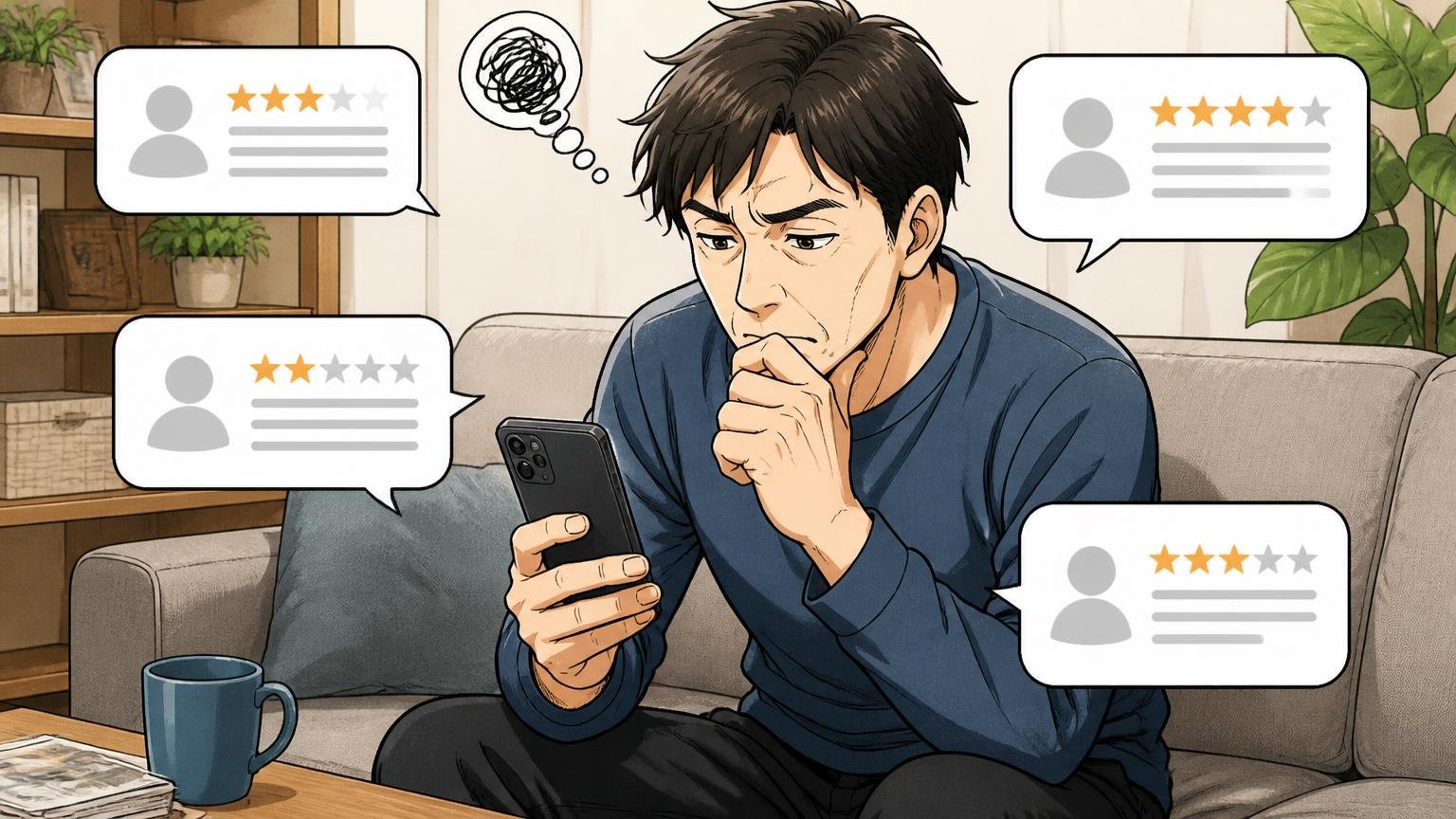 「何日目の声か」で評価の意味が変わる｜使用年数の書かれた口コミはほぼない 自宅のソファでスマホの口コミを読む40代男性1人が考えこむ
