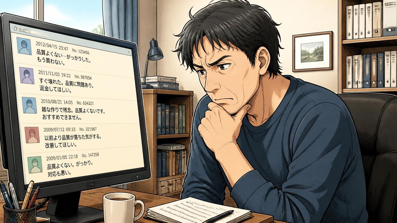 「品質よくない」という厳しい声は、10年以上前の投稿が中心 自宅の書斎でパソコンの古い掲示板を眺め考え込む40代男性1人