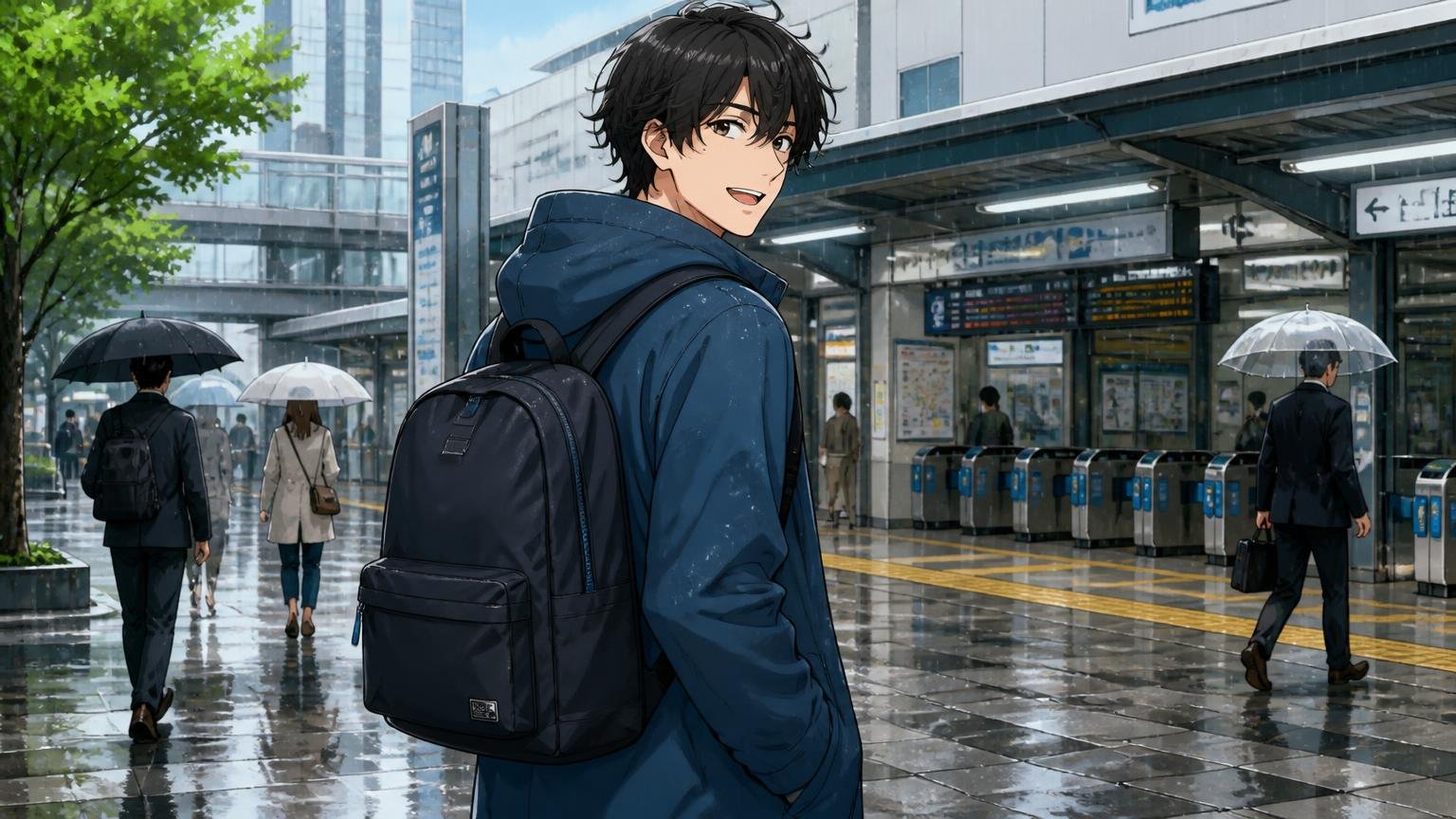 ランバン オン ブルーはナイロン・PVC中心・約2.4万〜3.6万円・中国やミャンマー製 雨の駅前でナイロンのリュックを背負う場面 20代男性1人が軽快