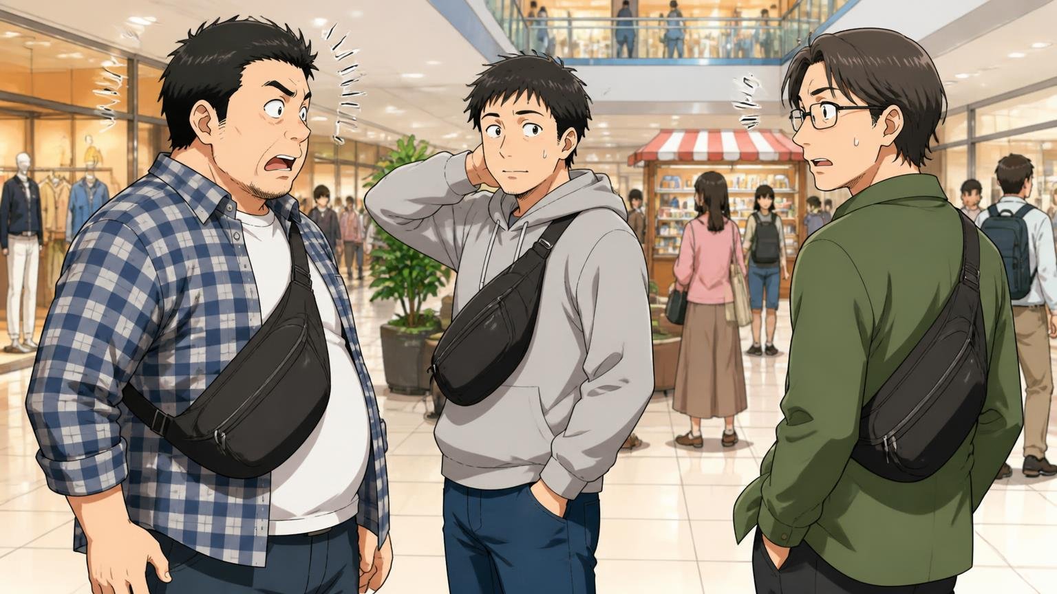 20年以上よく見かけた「見慣れ感」と値引きのイメージ。休日のショッピングモールで男性3人が同じ形のボディバッグを着けて鉢合わせし、気まずそうに顔を見合わせる場面