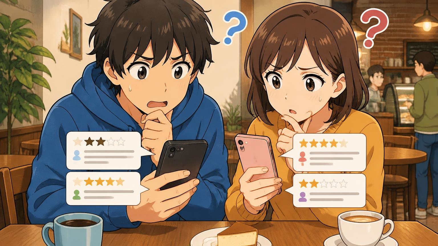 理由②「何年・どんな用途の声か」で星の意味が変わる、カフェのテーブルでスマホの口コミを読み比べて首をかしげる男女2人の場面