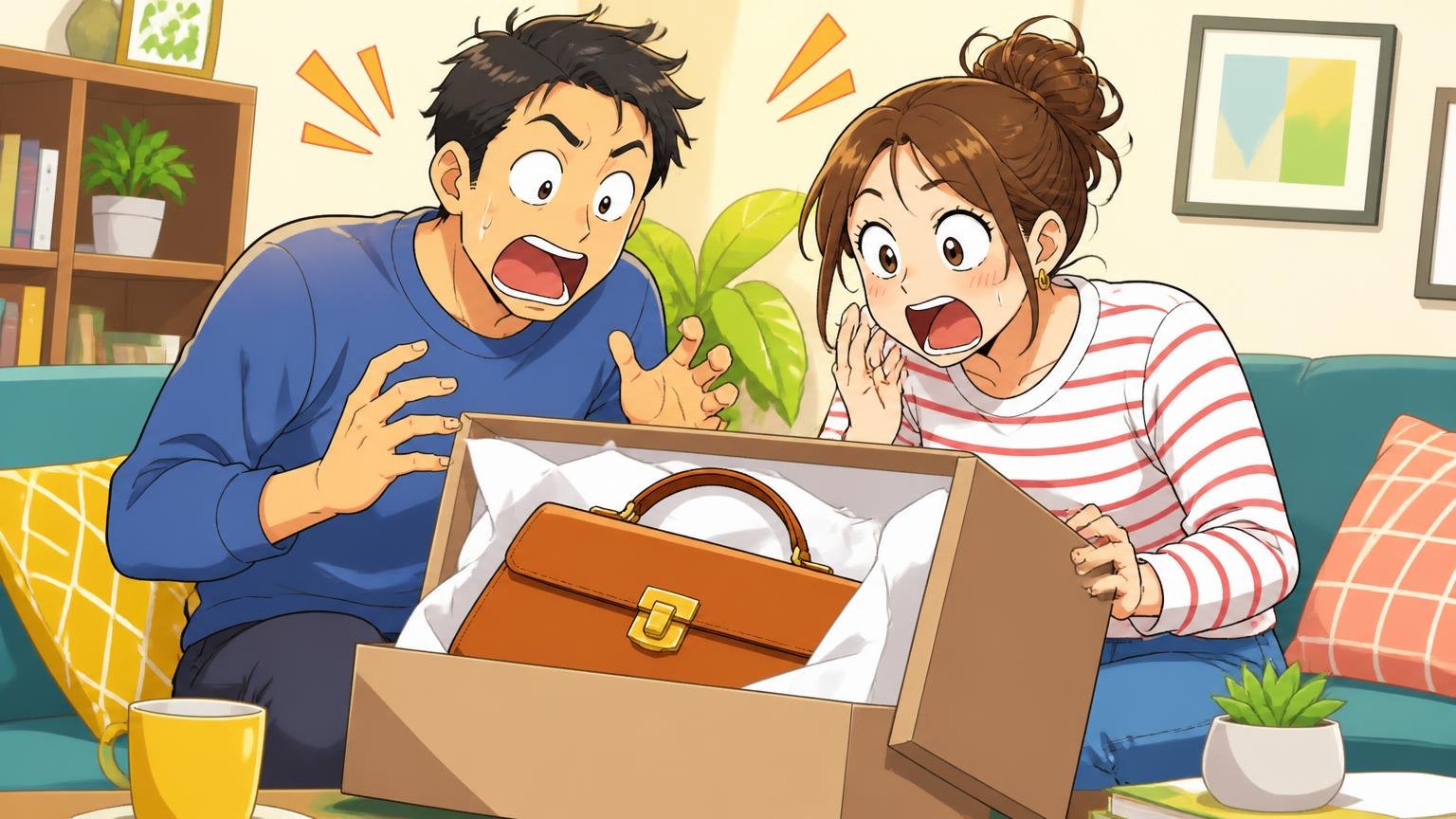 Amazon・楽天市場・Yahoo!ショッピングの返品ルールの違い 自宅のソファで届いた革バッグの箱を開けた夫婦2人が金具の色に驚く場面
