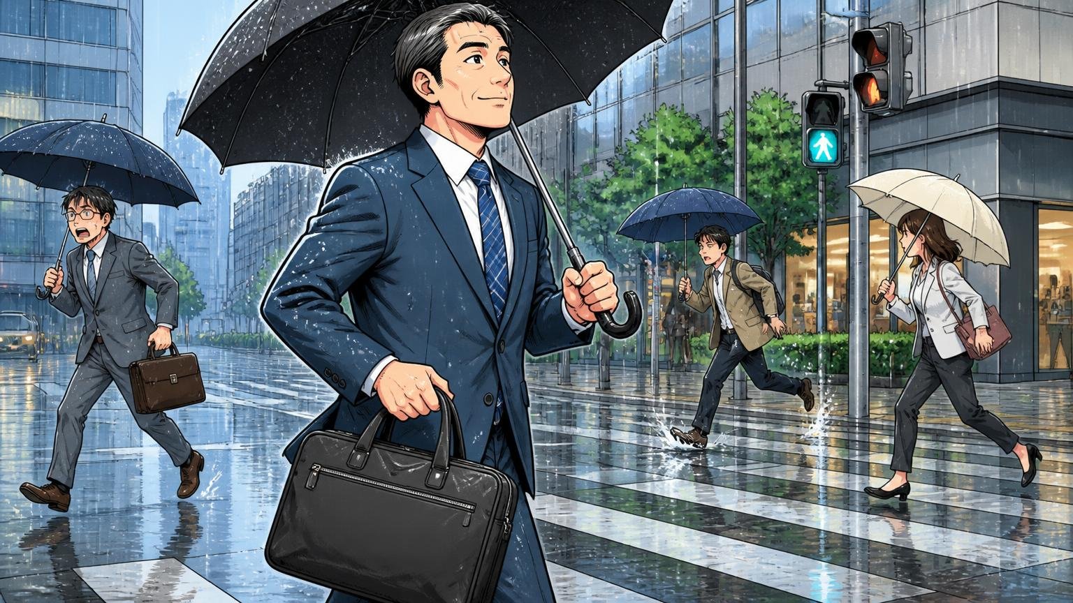 雨の日も気にせず、軽さと自立性を優先したい人 雨の交差点で傘を差した40代男性がナイロンのビジネスバッグを気にせず歩く場面