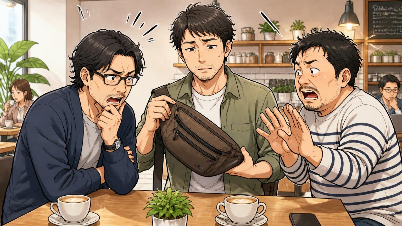 「地味」「おじさんっぽい」デザインの不満 休日のカフェでボディバッグを持つ40代男性を同年代の友人2人が見比べる計3人の場面