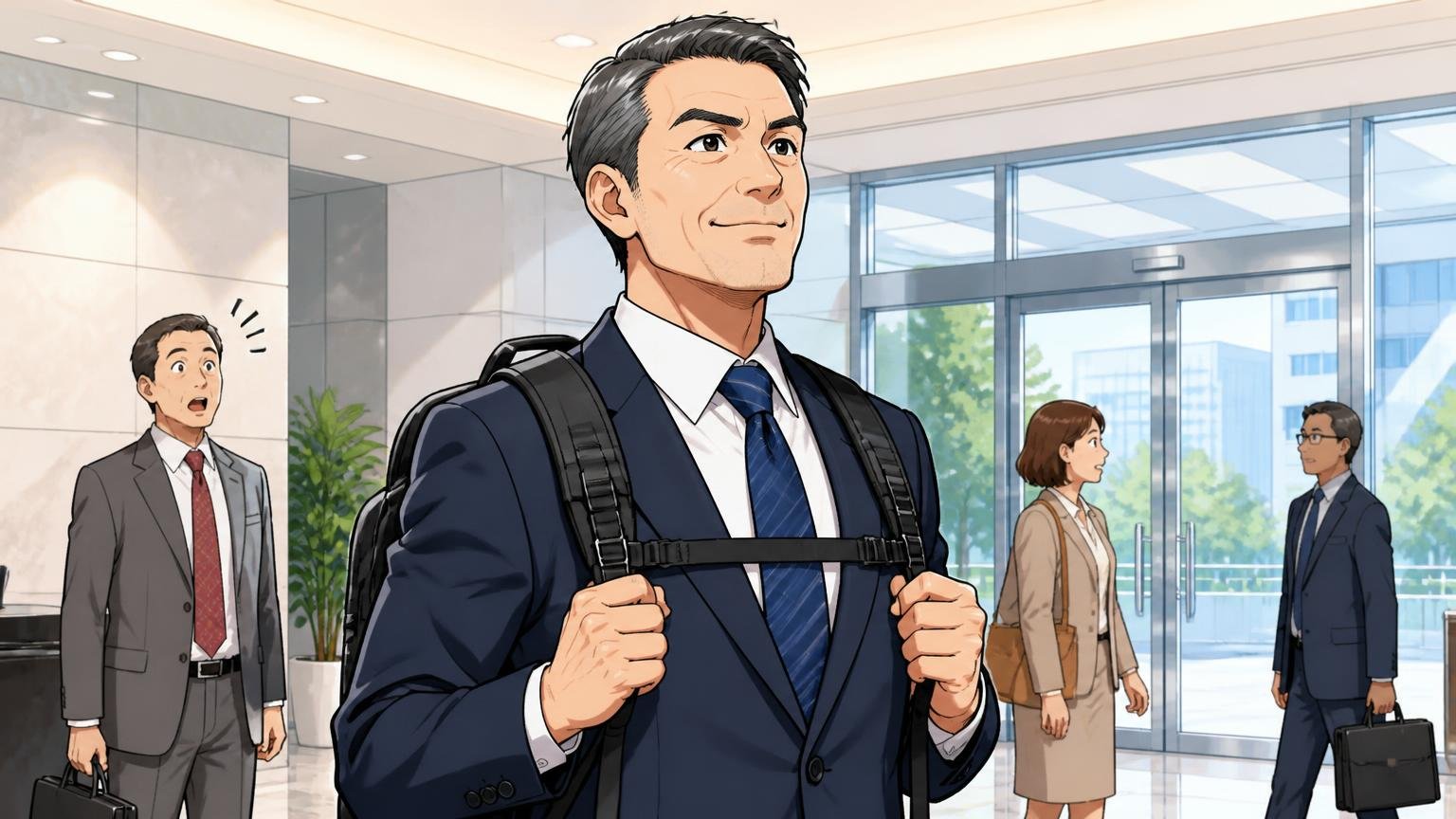 「丈夫でスーツにも合う」「カジュアル過ぎない」という声。オフィスのエントランスでスーツ姿の50代男性1人がリュックを背負い胸を張る場面