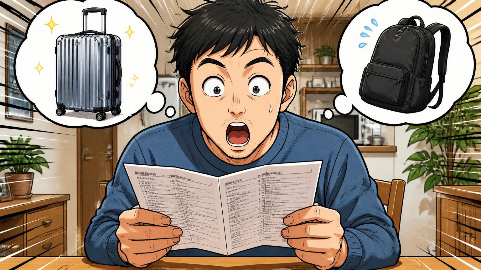 「10年保証」はスーツケースの話|リュックは条件付き2年自宅のダイニングで保証書を読み込む40代男性1人が目を丸くする場面