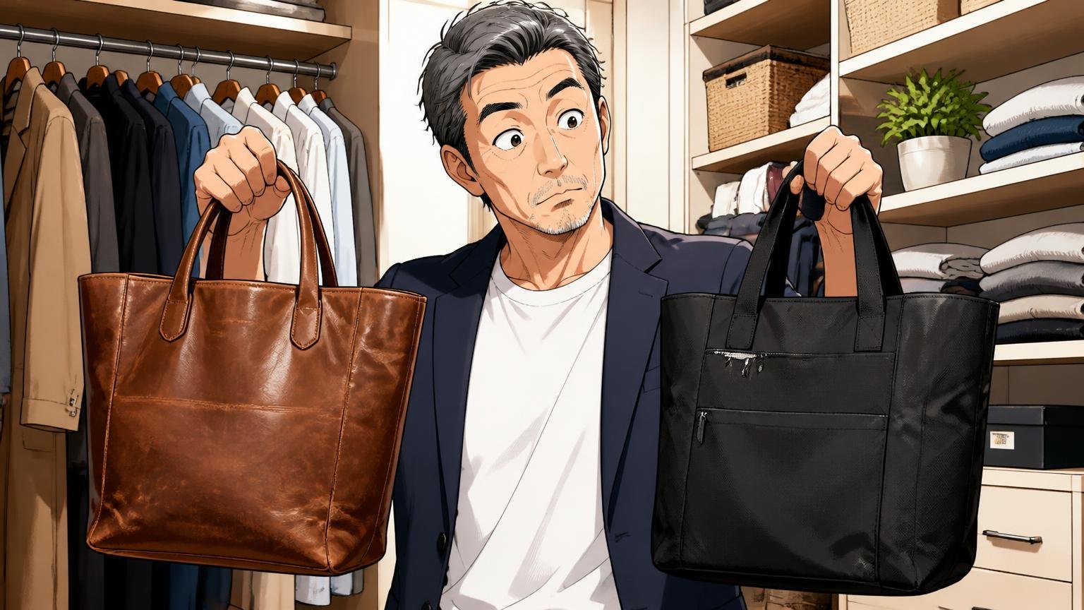 トレードマスター4:革のトートから乗り換えた40〜50代に人気 自宅のクローゼットの前で古い革トートと新しいナイロントートを持ち比べる50代男性1人