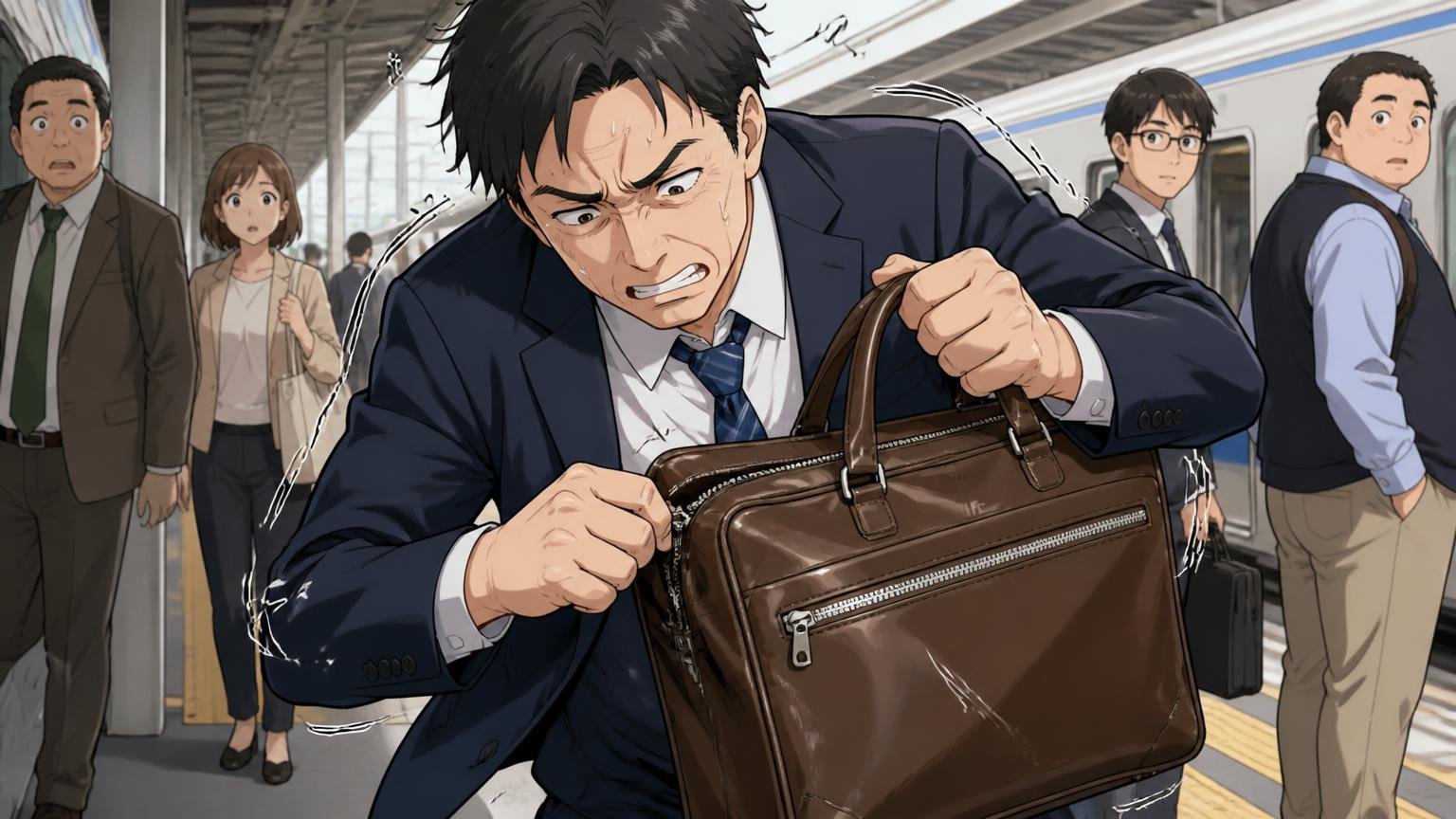 「かなり重たい」「片手で開けられない」毎日の使い勝手、駅のホームで重い革のビジネスバッグを片手で開けようと苦戦する40代男性1人
