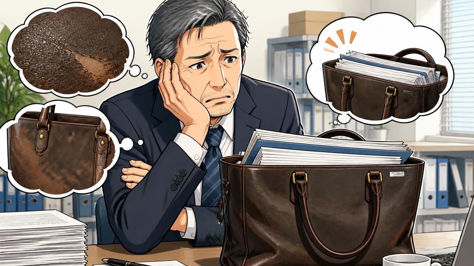 気になる口コミ「革が安っぽい」「色ムラ」「A4を入れると閉まらない」 オフィスのデスクで書類がはみ出たトートを見つめる場面 50代男性1人が困り顔