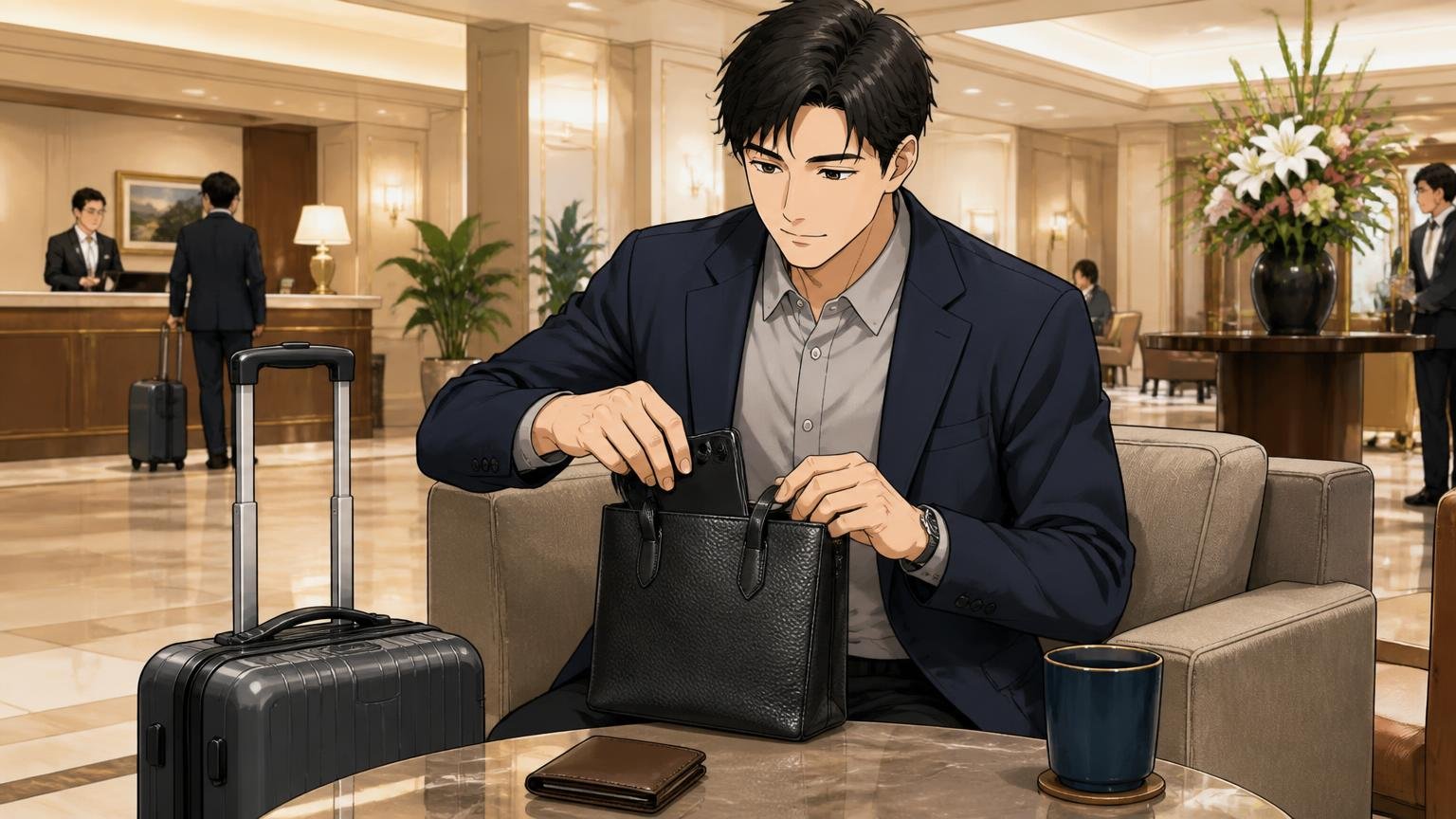 【GENDER2】シュリンクレザー ミニトート｜荷物が少ない日のサブバッグに 出張先のホテルのロビーで、小ぶりな革トートからスマホと財布を取り出す男性1人