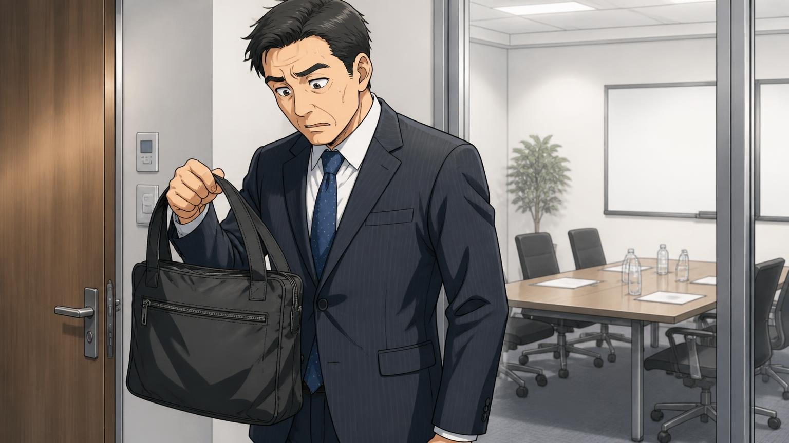 向いていない人は「スーツで商談や初対面が多い40代」　会議室の入口でスーツ姿の40代男性がナイロンのバッグを見下ろして困った顔をする場面