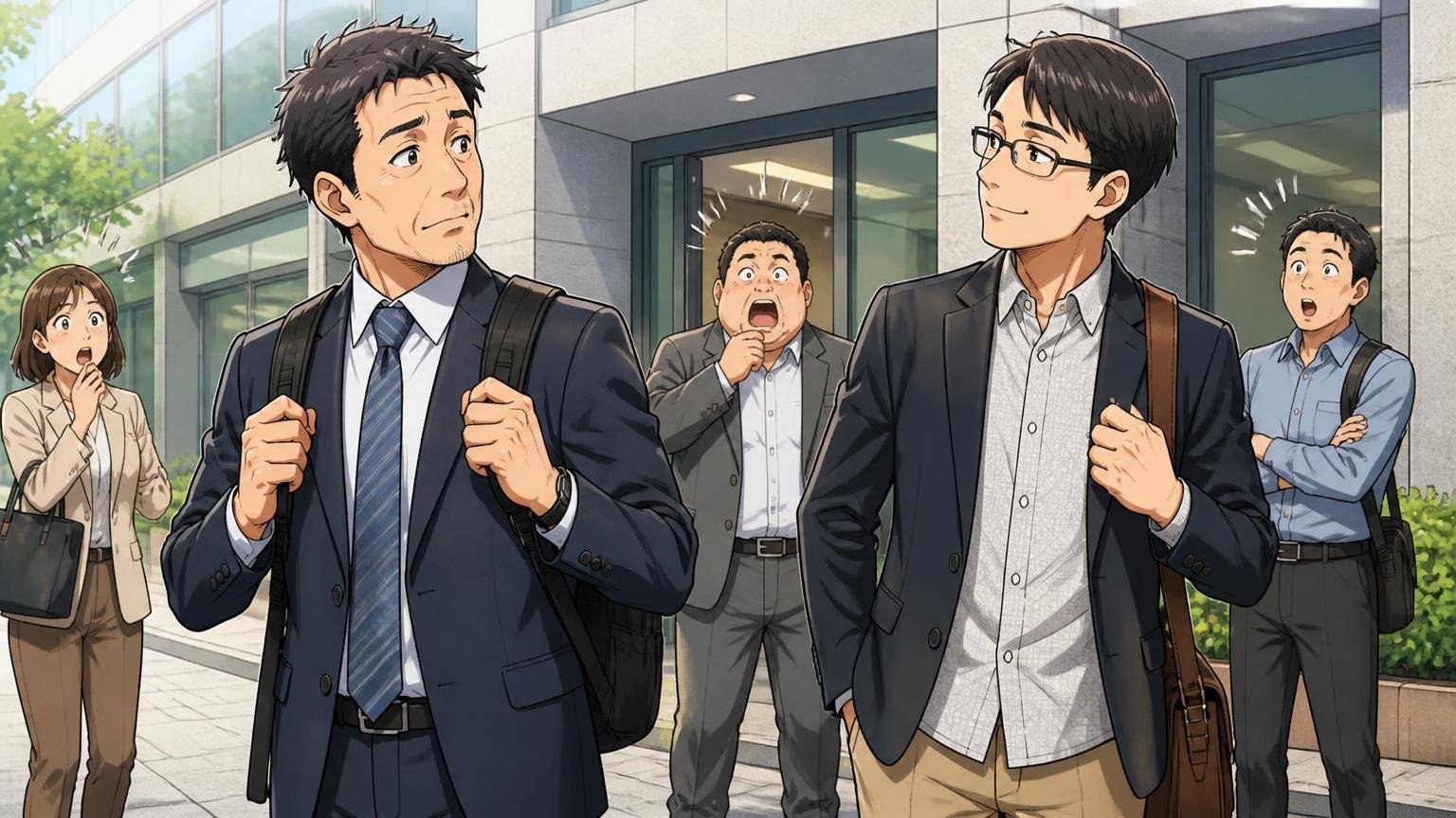 スーツ通勤かカジュアル通勤かで「見え方」の評価が変わる、朝のオフィス入口でスーツにリュックの40代男性とジャケット姿の同僚の2人が見比べる場面