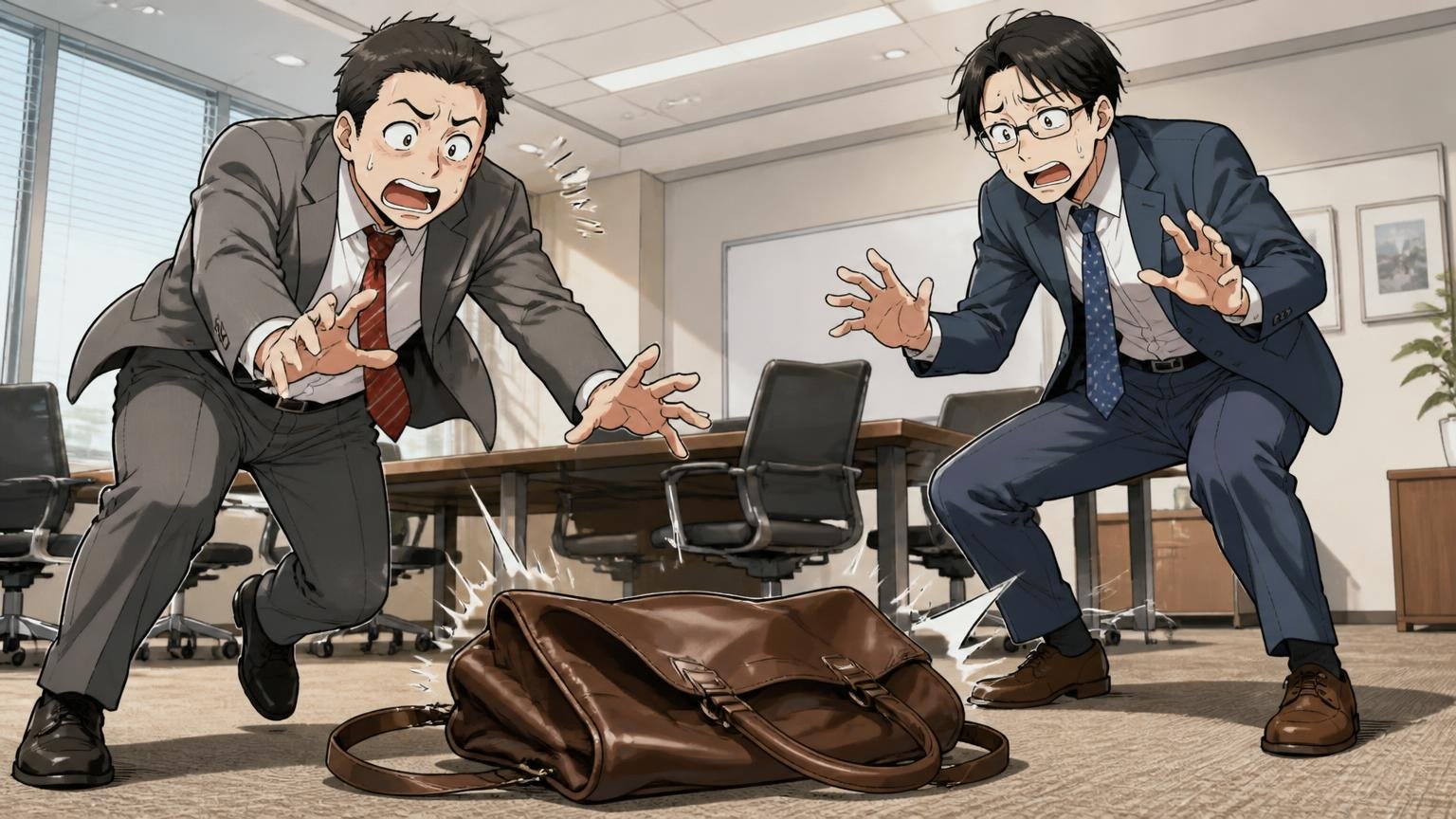 「柔らかすぎて自立しない」はアンティークレザーの性格 会議室の床に置いた柔らかい革のブリーフが倒れて慌てる男性2人の場面