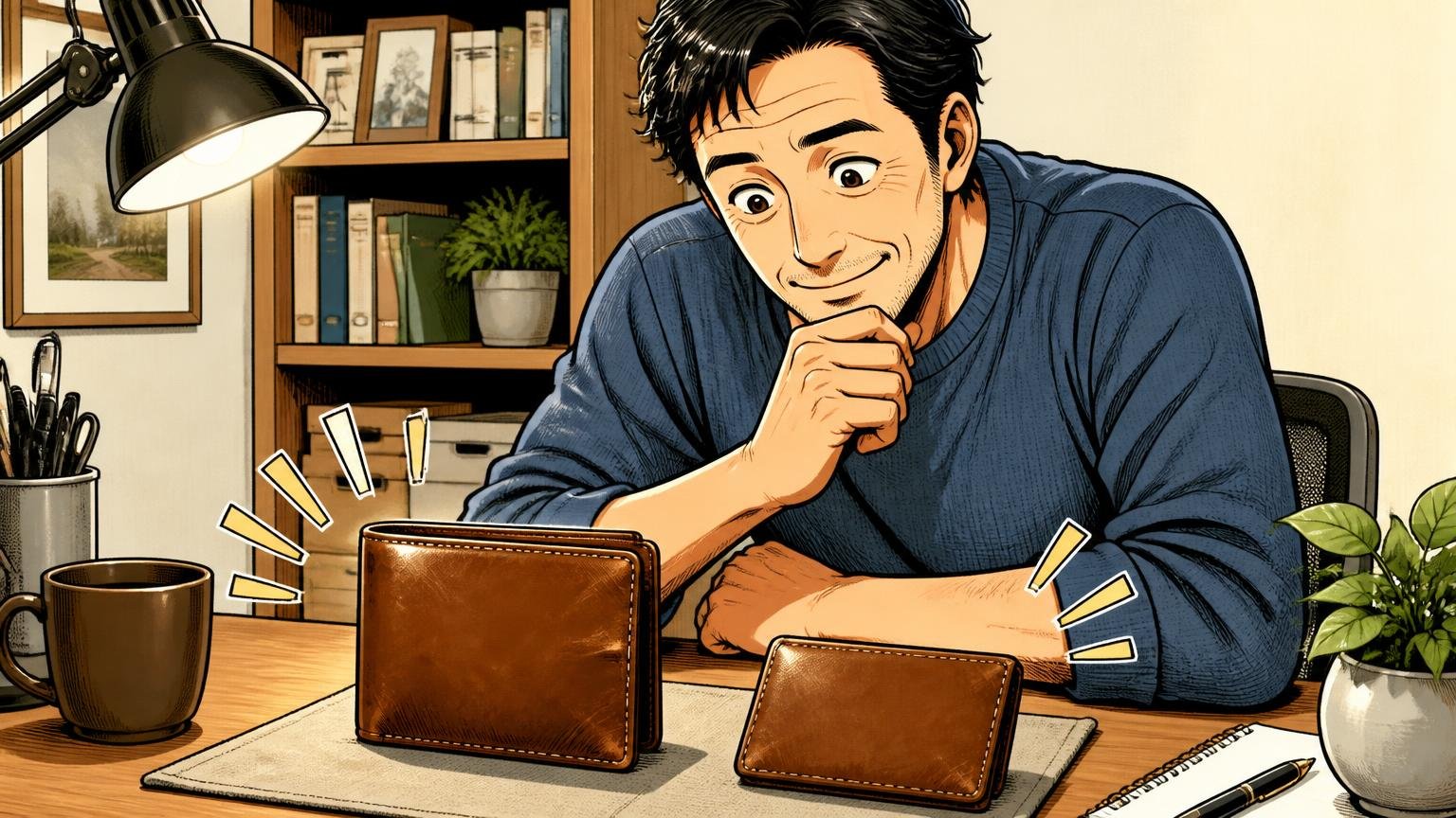 口コミで分かる耐久性、自宅のデスクで40代男性が10年使った革の財布と名刺入れを並べて眺める場面
