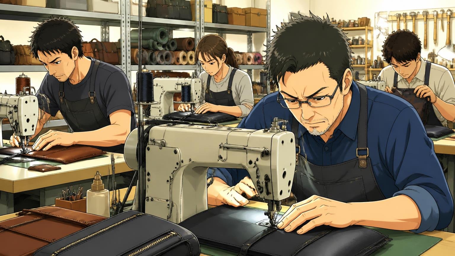 コラボの一部を除き、自社工場を中心に国内生産 鞄工場の作業台でバッグを縫製する職人4人が真剣な表情で作業する場面