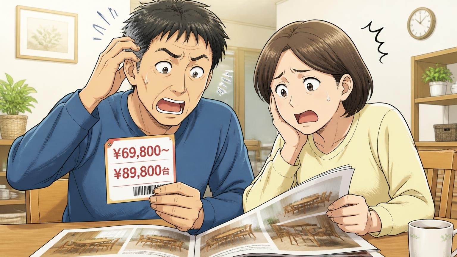 もう少し安ければ 6万〜9万円台という価格の壁 自宅のダイニングで40代夫婦が値札とカタログを見比べて悩む場面