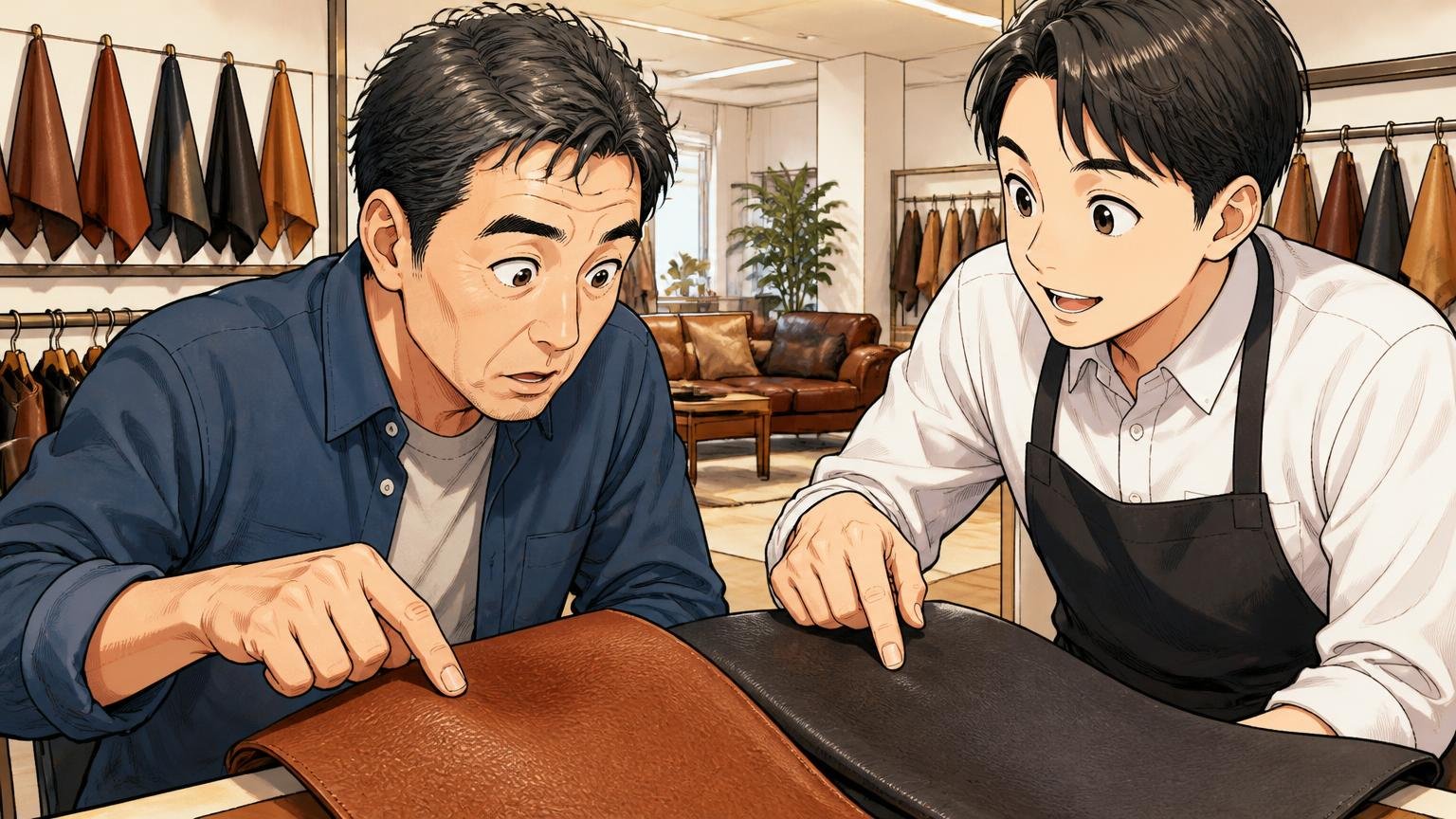 「床革」って何？PSラインを選ぶ前に知っておきたいこと　ショールームで店員と40代男性が2種類の革の表面を指で触り比べる場面