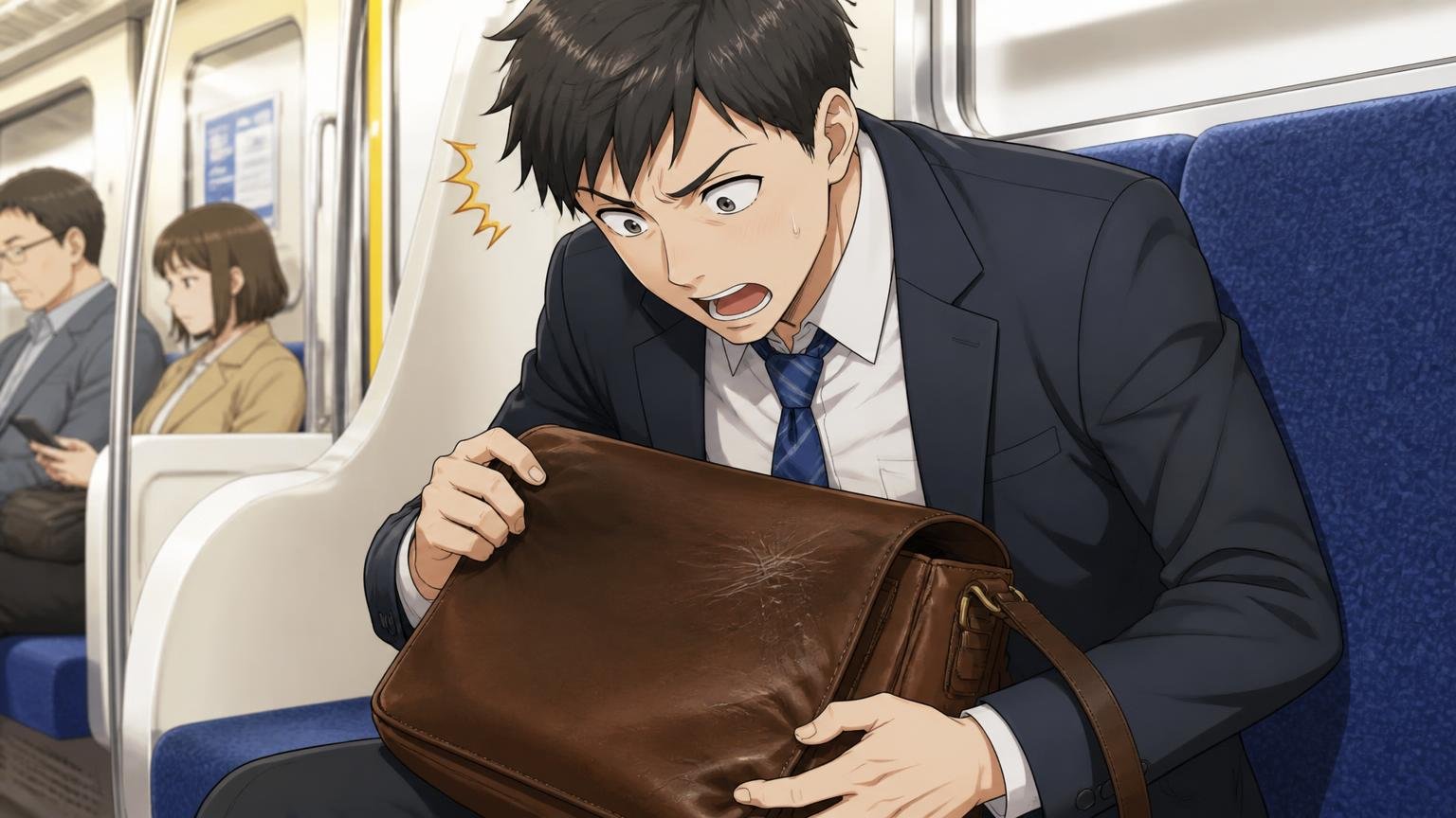 柔らかい革だから、傷や擦れはつきやすい、通勤電車の座席で膝の上の革バッグの擦れ傷に気づき驚く男性1人