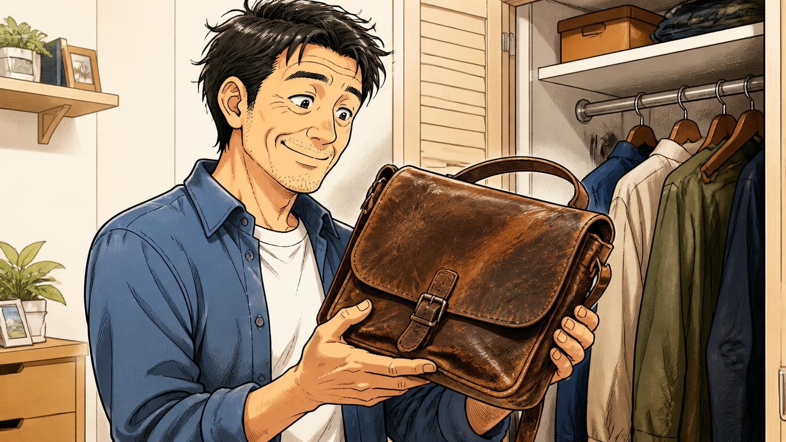 「10年・20年使えた」という長持ちの声 自宅のクローゼットの前で使い込んだバッグを手に取り懐かしそうに笑う男性1人の場面