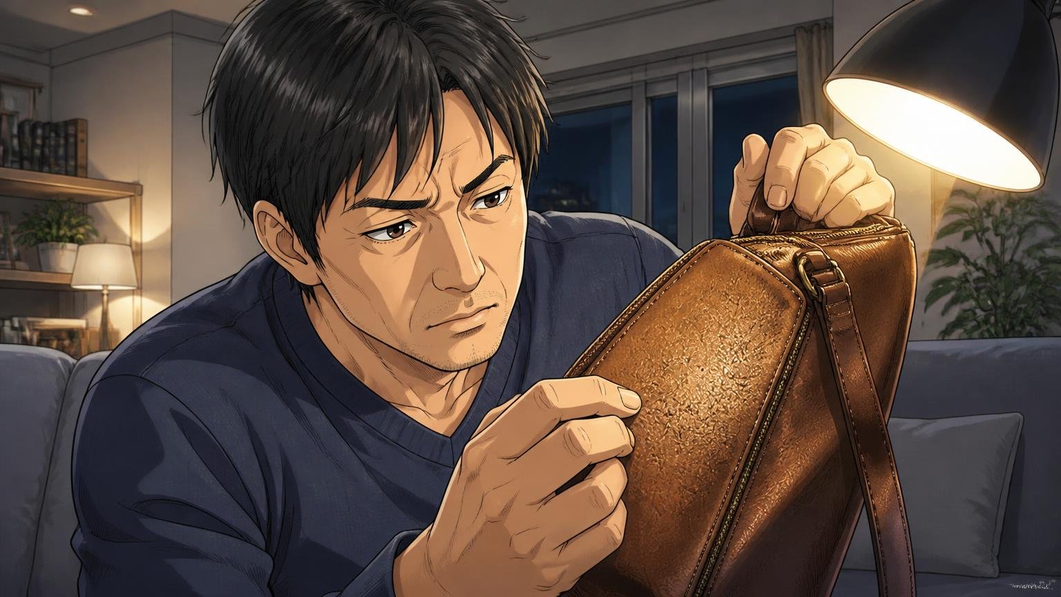 4か月で剥がれた1件をどう受け止めるか。夜のリビングで革バッグの表面を照明に近づけて確かめる40代男性の真剣な表情