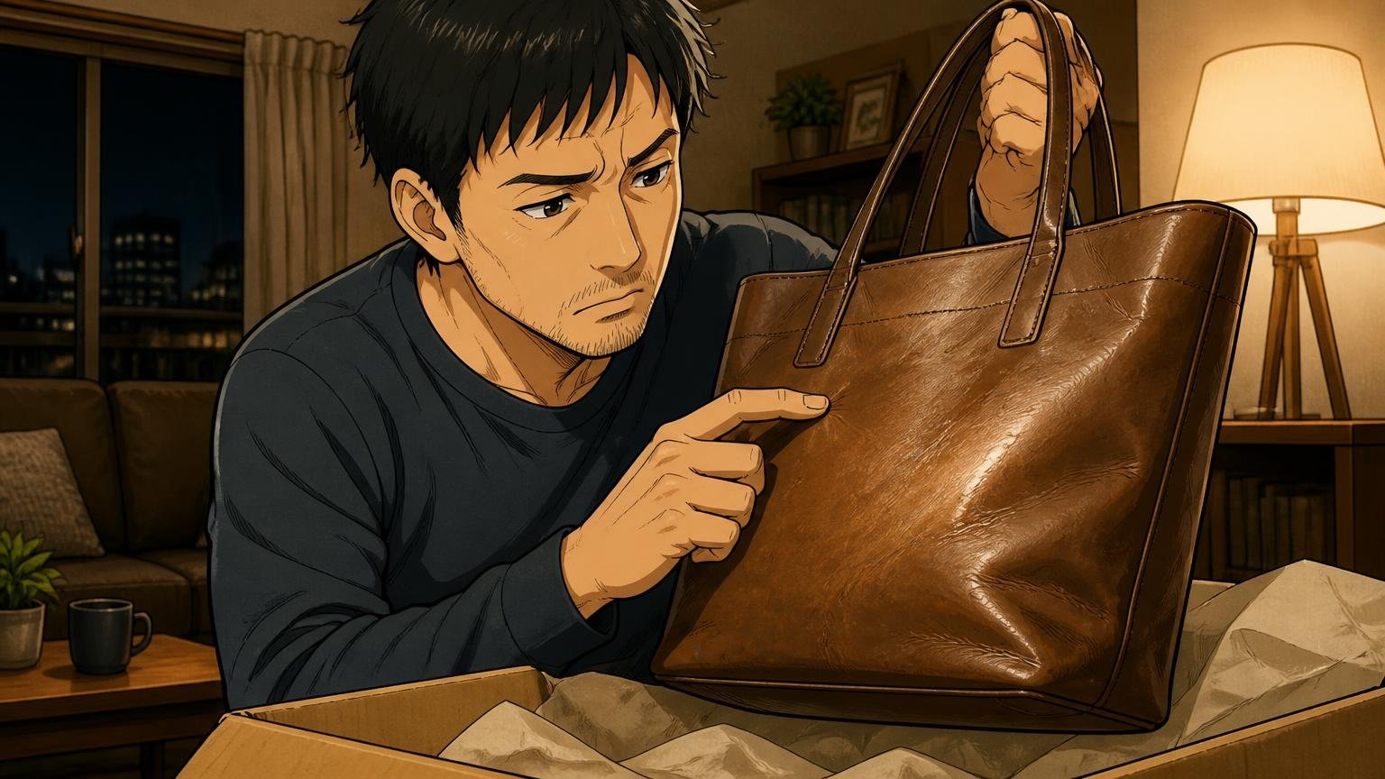 本革モデルはシワの入り方や色あせが気になる 夜のリビングで届いた革のトートを照明にかざす場面 40代男性1人 表面のシワを指でなぞる