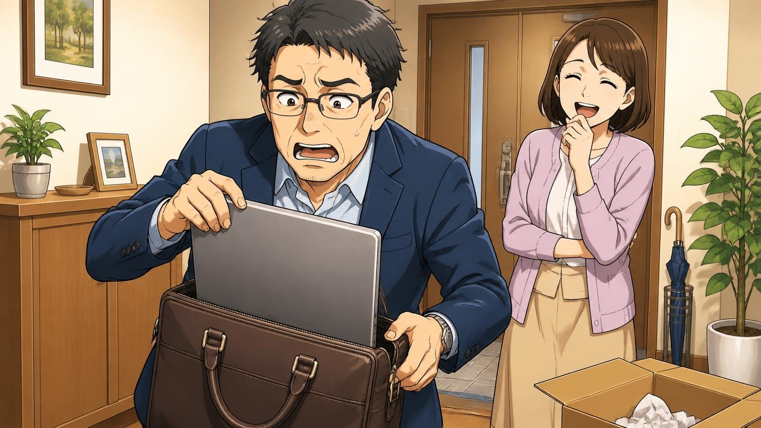 「思ったより大きい/小さい」用途を決めずにサイズを選んだ 自宅の玄関で届いた革のブリーフケースにノートパソコンが入らず困り顔の40代男性と笑う妻の場面