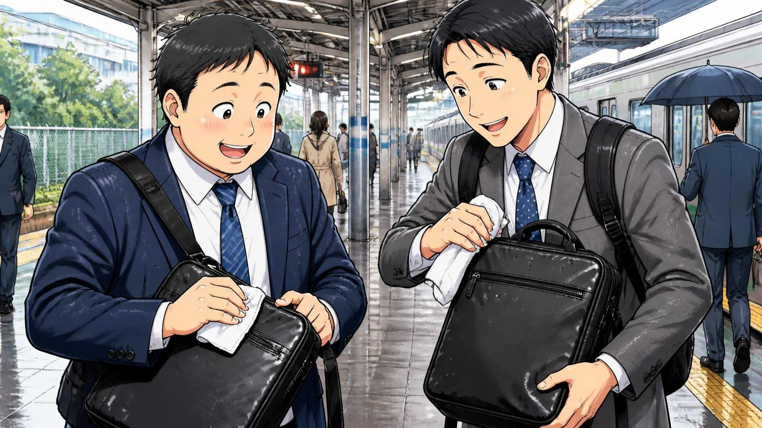 本革ではなく合成皮革・PVCが中心　雨上がりの駅のホームで水滴のついたバッグを拭いて安心した表情の会社員2人