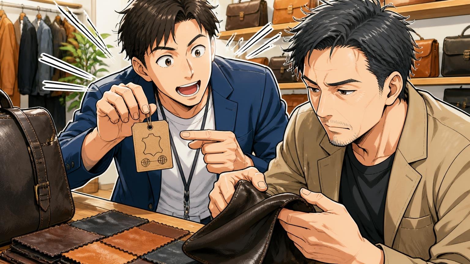 フルグレインカウレザーの表記と生産国の書き方の注意点。ショールームで店員と40代男性が商品タグを見ながら革の質感を確かめる場面