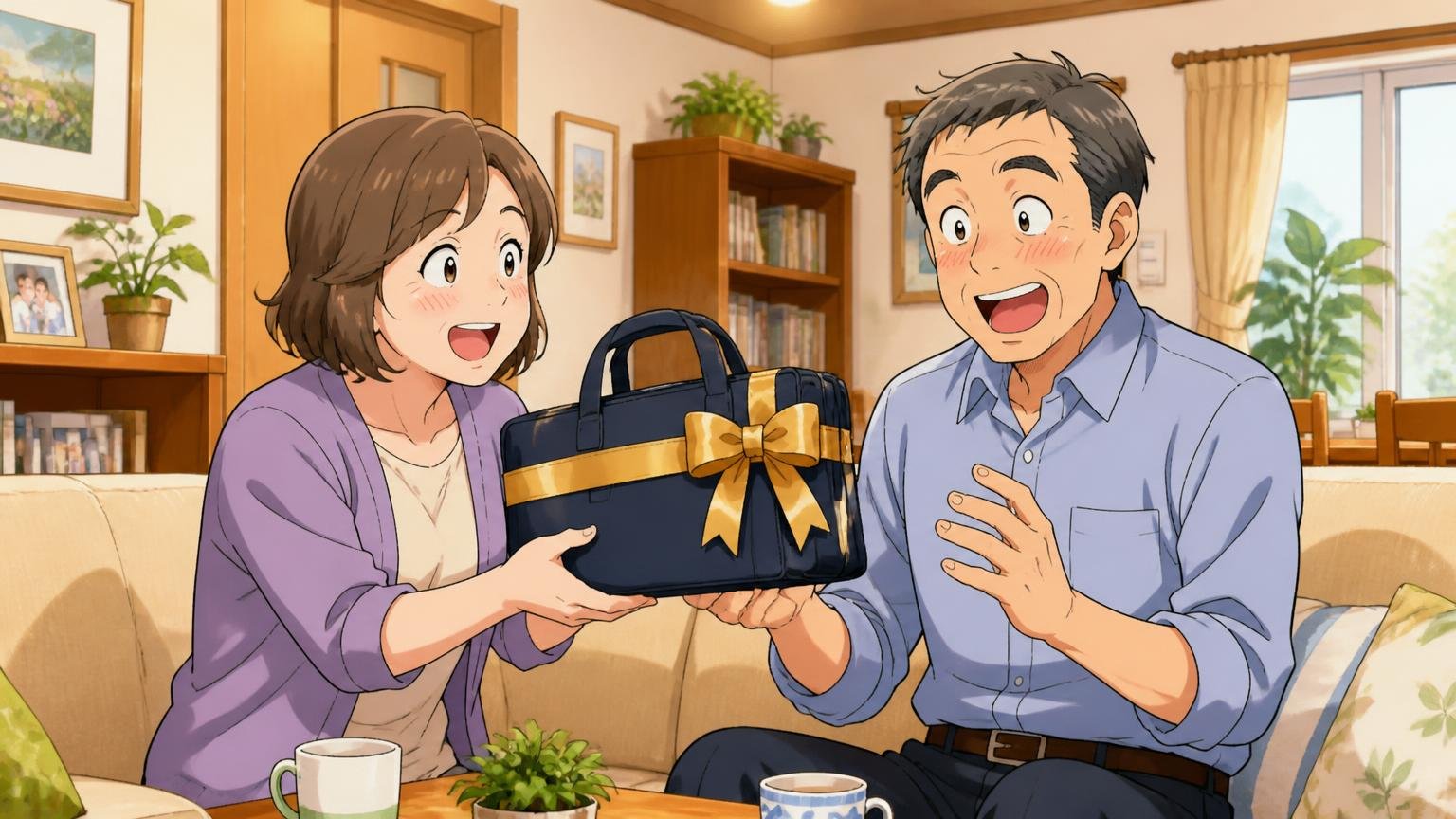 買っているのは誰?40〜70代の通勤用と、家族へのプレゼントが中心 夕方のリビングで50代女性が夫にプレゼントのバッグを手渡し夫が笑顔になる場面