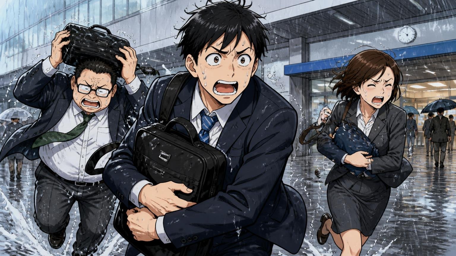 雨が染み込む・肩ベルトが緩むという声 雨の駅前で濡れたバッグを抱えて走る会社員3人